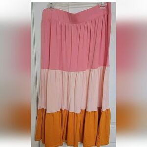 Lands' End Midi Skirt Women's Size Med Pink Orange Tiered Knit Casual Pull-on